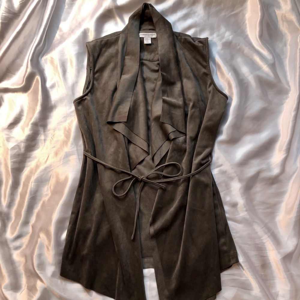 KATHERINE BARCLAY Faux Suede Open Front Wrap Vest